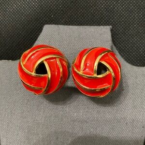 Vintage 1980s Gold Tone & Red Enamel Button Clip-on Earrings